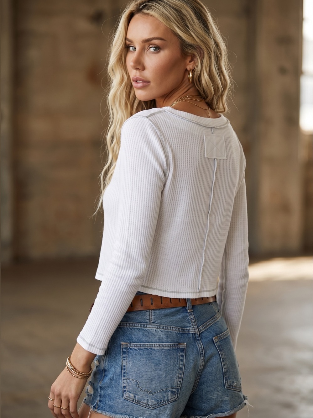 Care FP Manchester Long Sleeve Free People Waffle Knit Thermal Crop Top